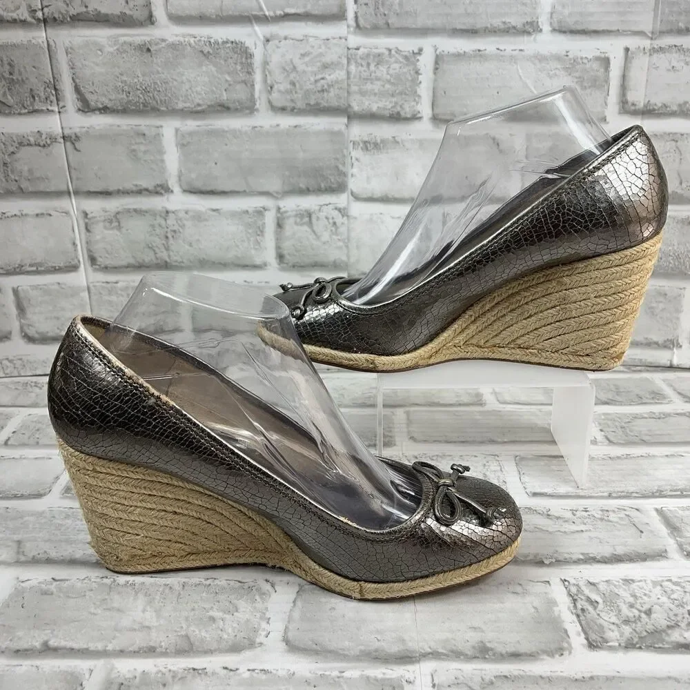 Coach Crackle Silver Women's Size 9.5/10 Metal Leather Wedge Espadrille Bow Shoe
